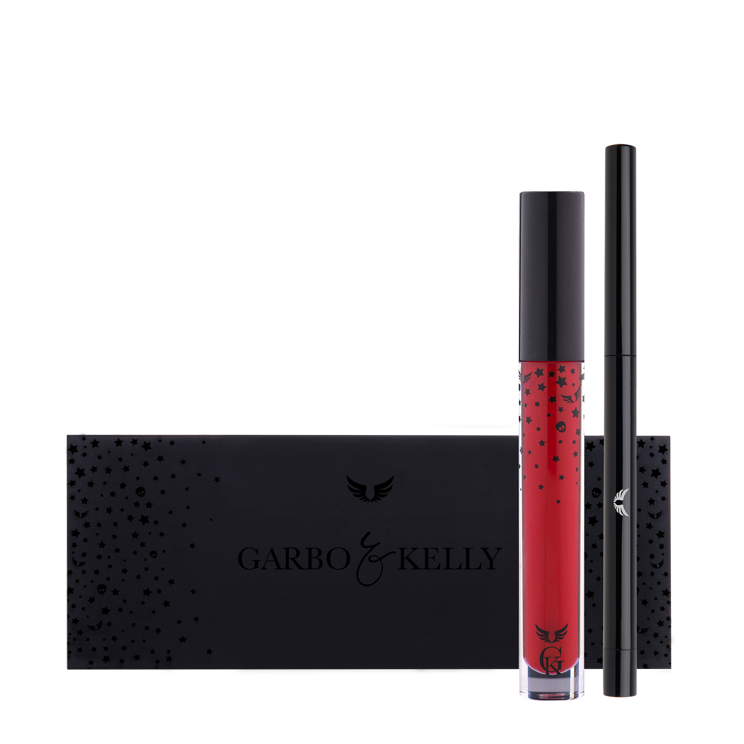 Garbo and Kelly Rock Matte Lip Kit with lip definer, featuring matte finish and complementary lip products in sleek packaging.