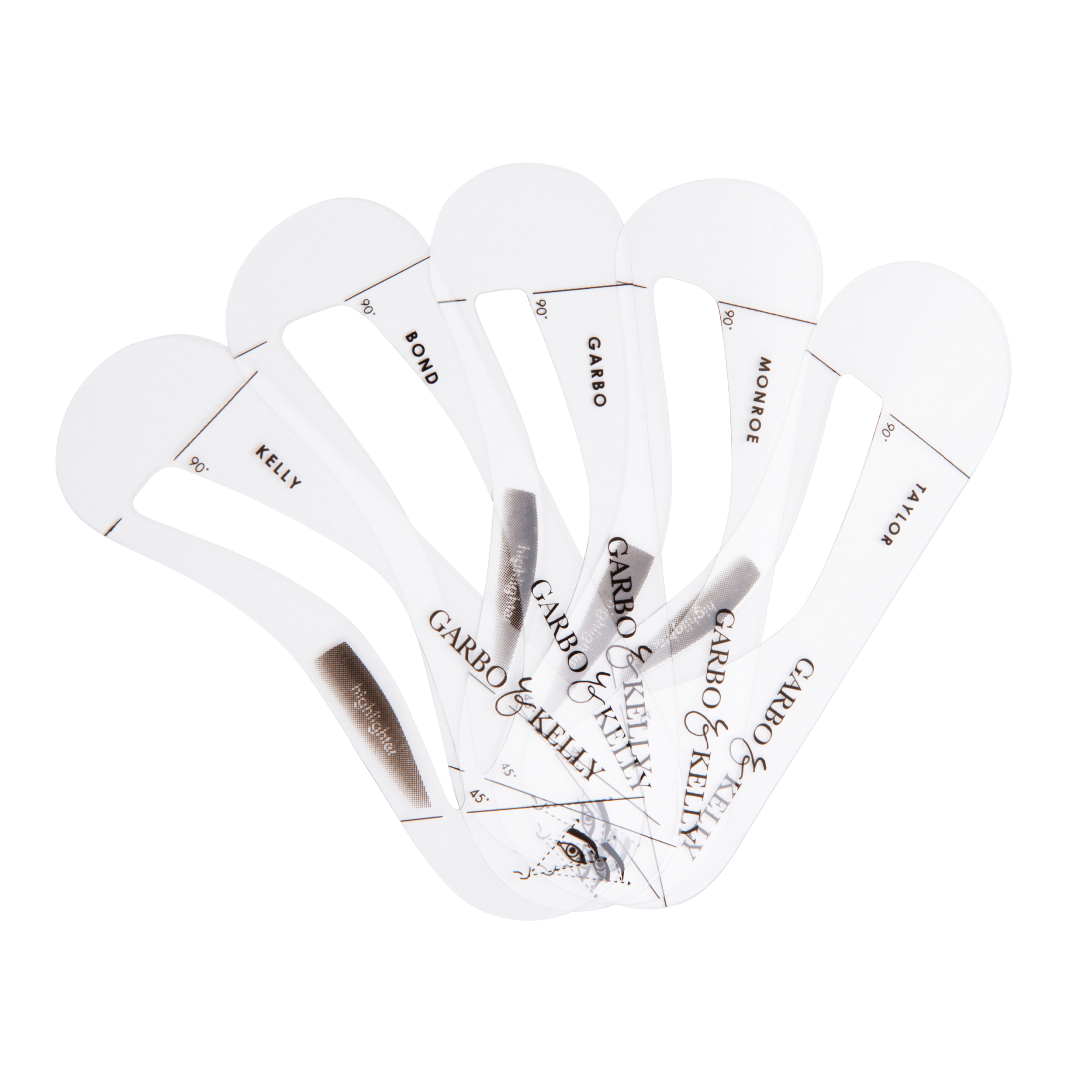 Garbo and Kelly brow guides, precision eyebrow shaping tools, shown in the image with four clear plastic guide strips for perfect symmetry.