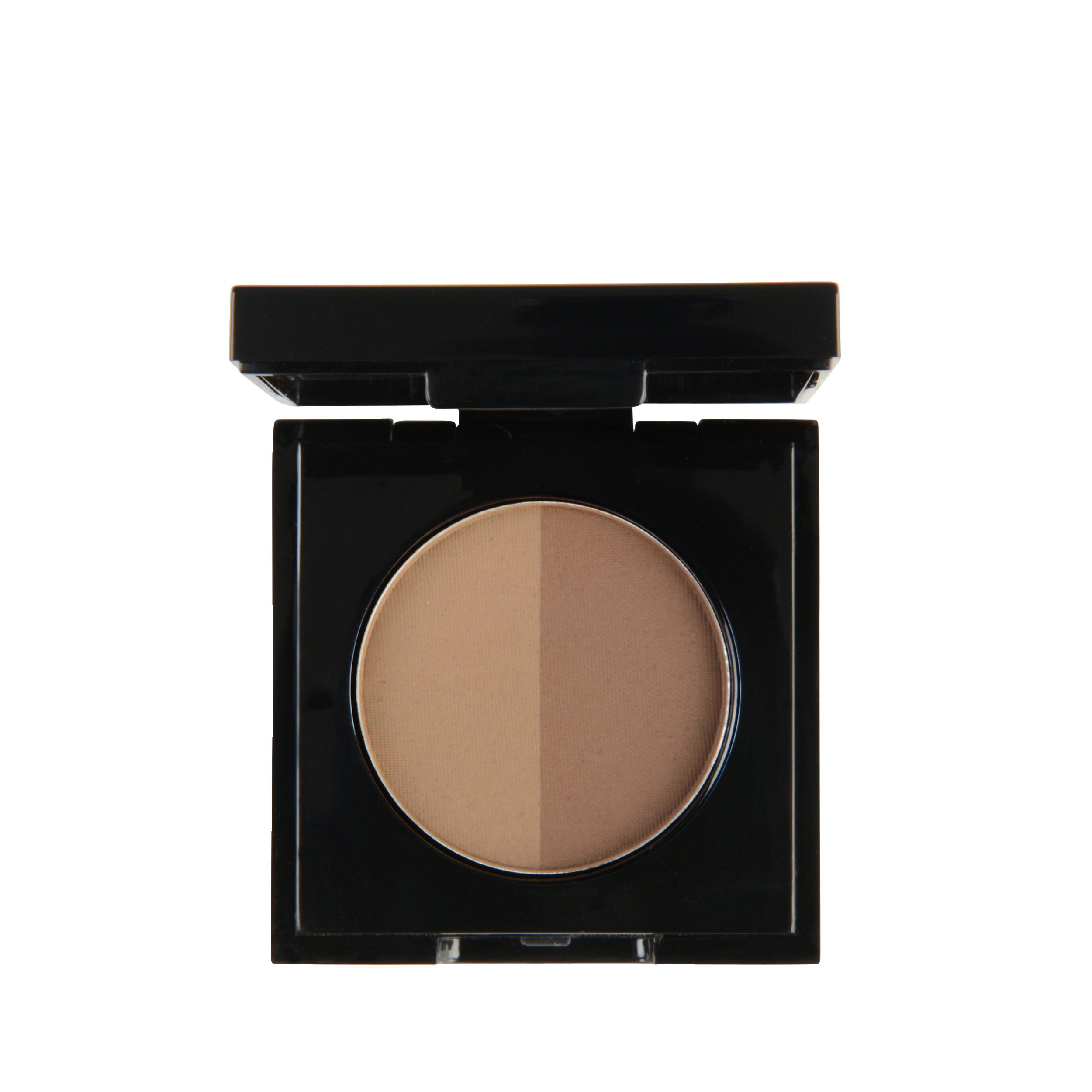 Close-up of Garbo and Kelly Brow Powder in a compact, showing the rich, pigmented powder and applicator brush for brow makeup.