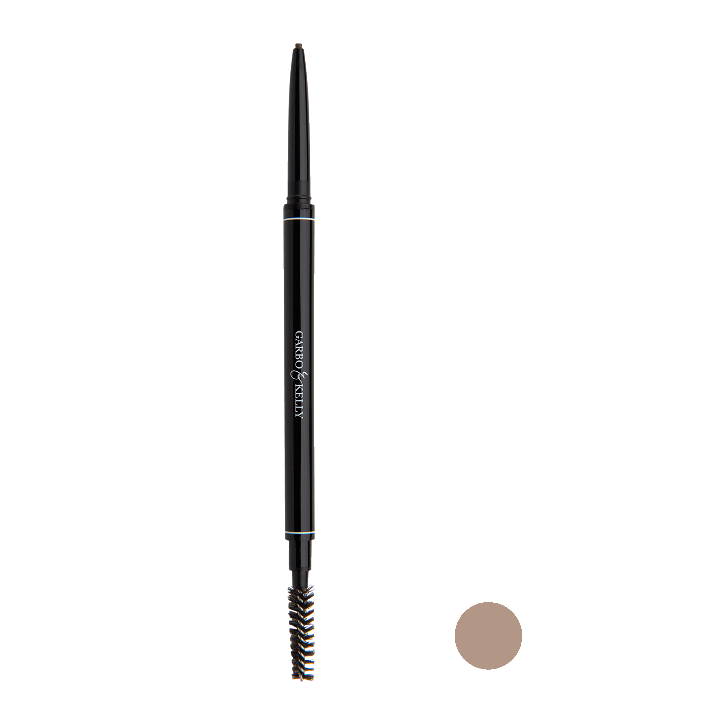 Garbo and Kelly Brow Perfection Pencil with a sleek design, featuring a sharpened tip and spoolie brush for precise eyebrow shaping.