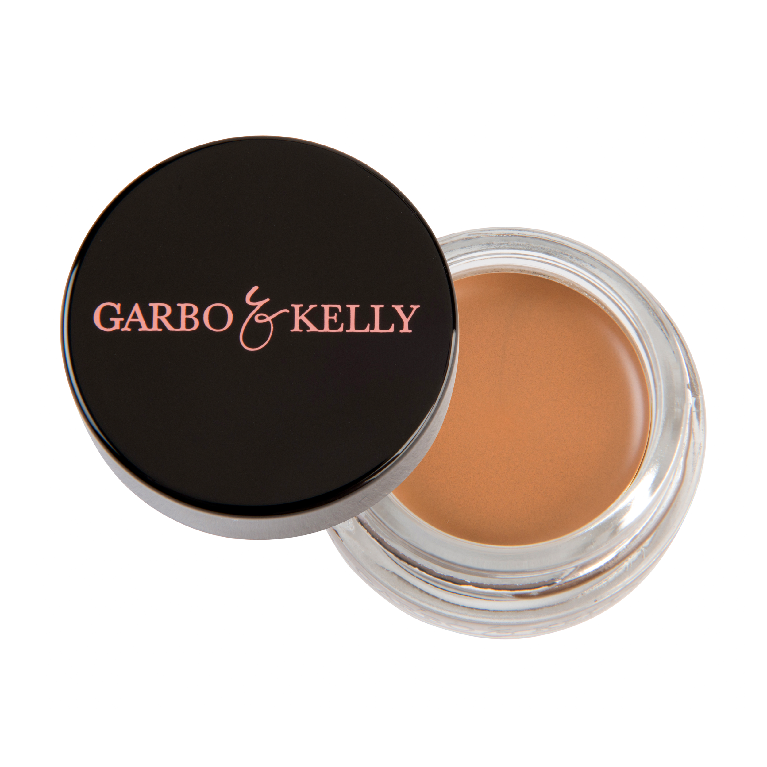 Garbo and Kelly brow pomade in a sleek jar, showcasing smooth, creamy formula for defining and shaping eyebrows.