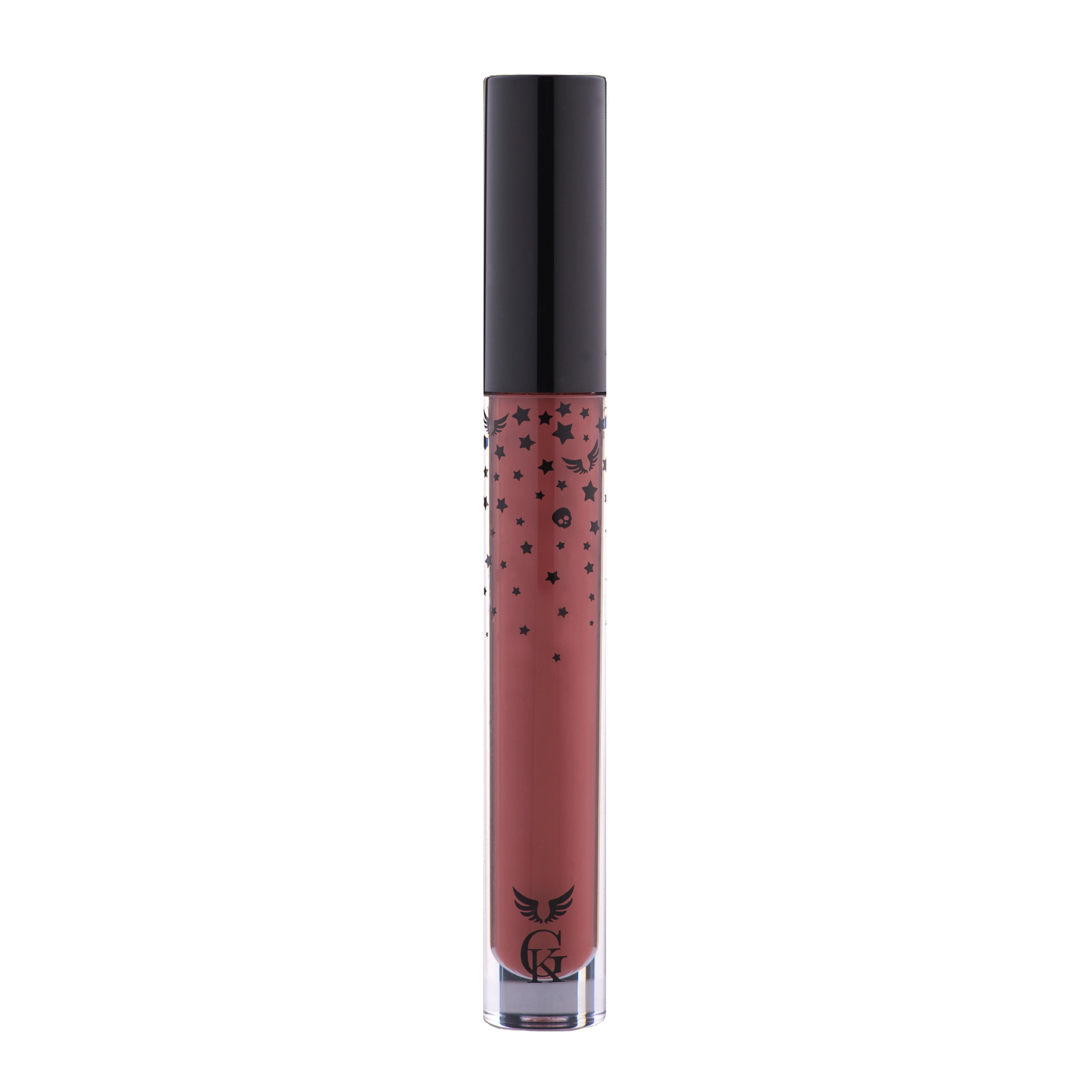 Garbo and Kelly Rock Liquid Matte Lipstick tube with deep red liquid lipstick inside, showcasing its sleek packaging and smooth finish.