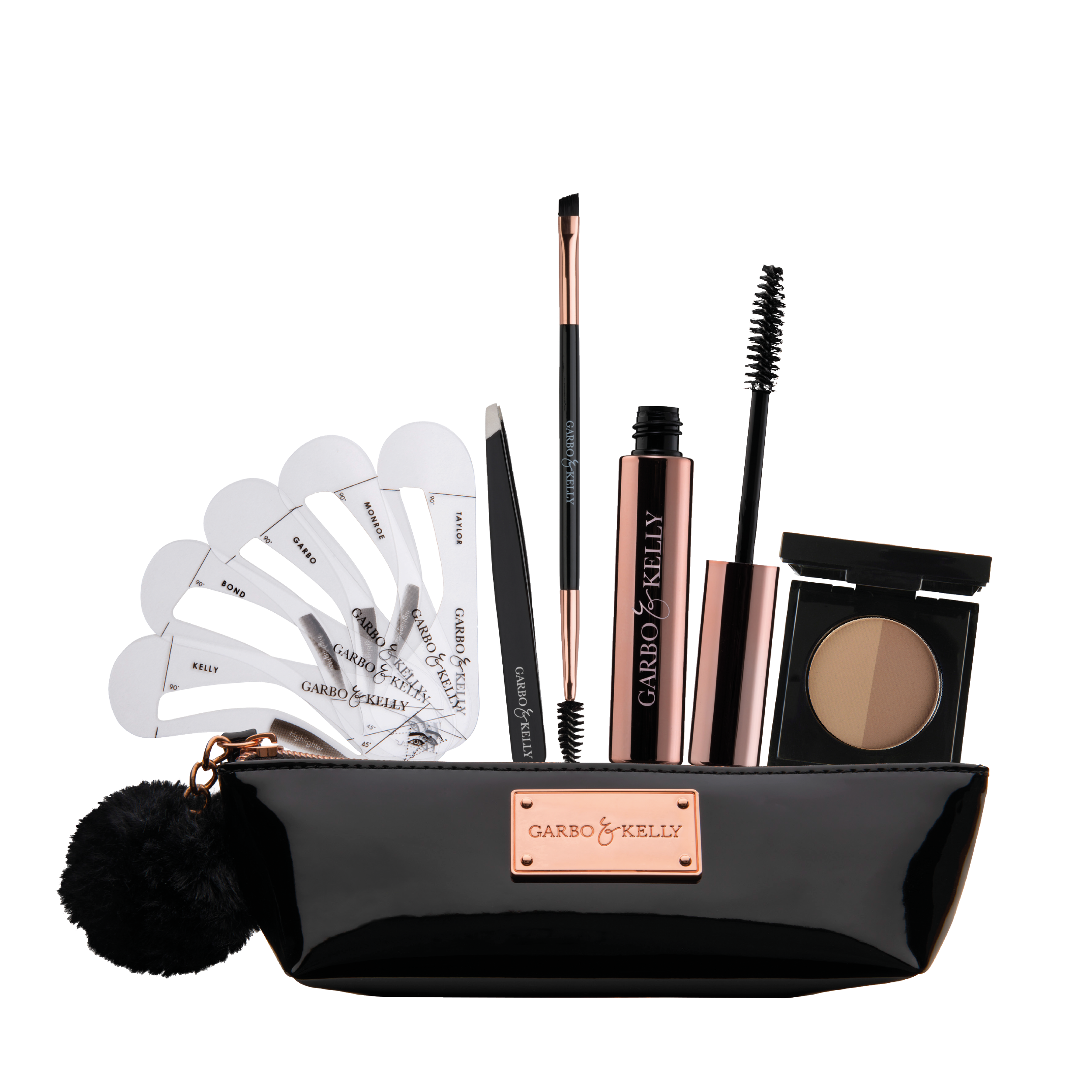 Garbo and Kelly Brow Couture Set brow kit with tweezers, brushes, and brow powders for perfect, defined eyebrows.