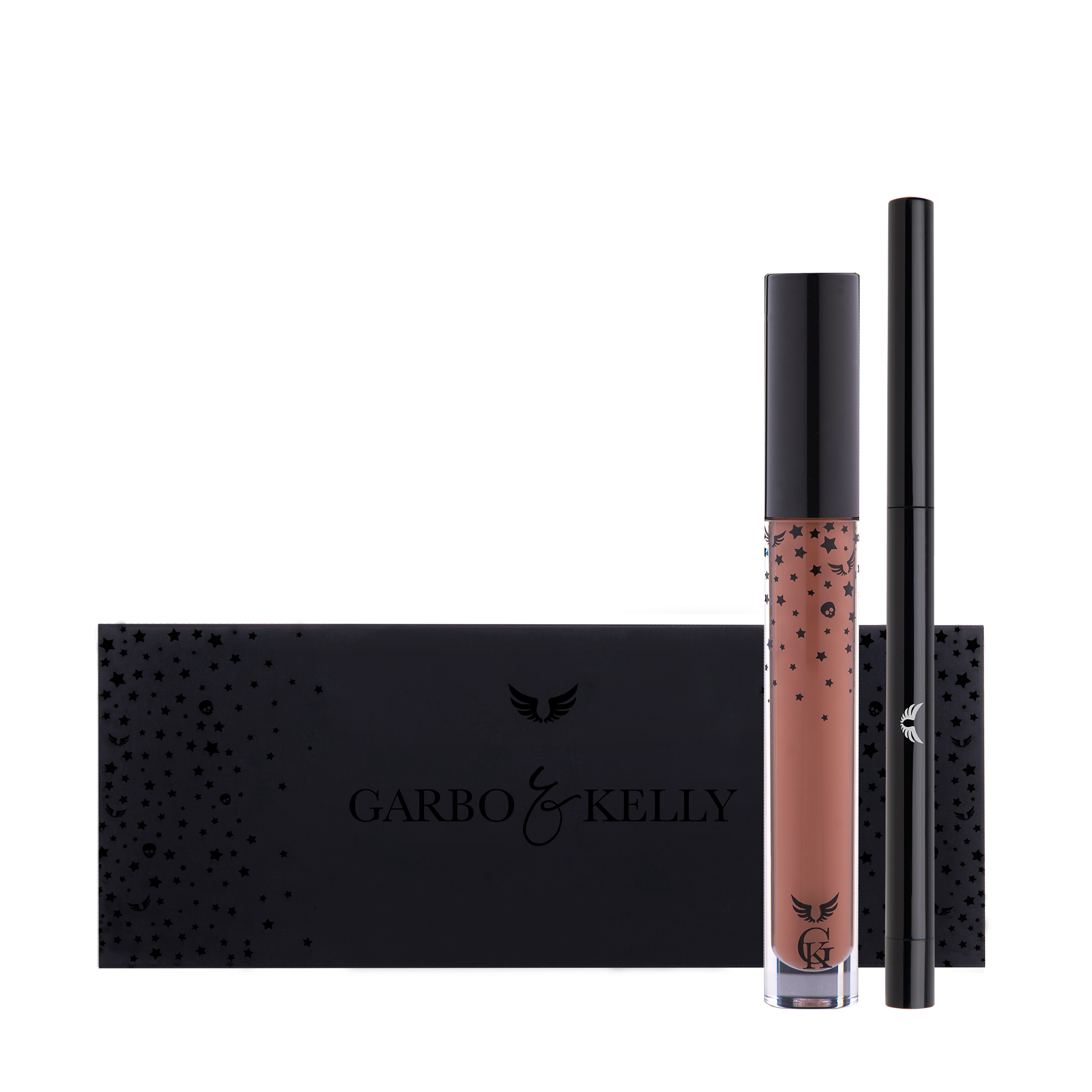 Garbo and Kelly Rock Matte Lip Kit includes lip definer and matte lipstick in sleek packaging.