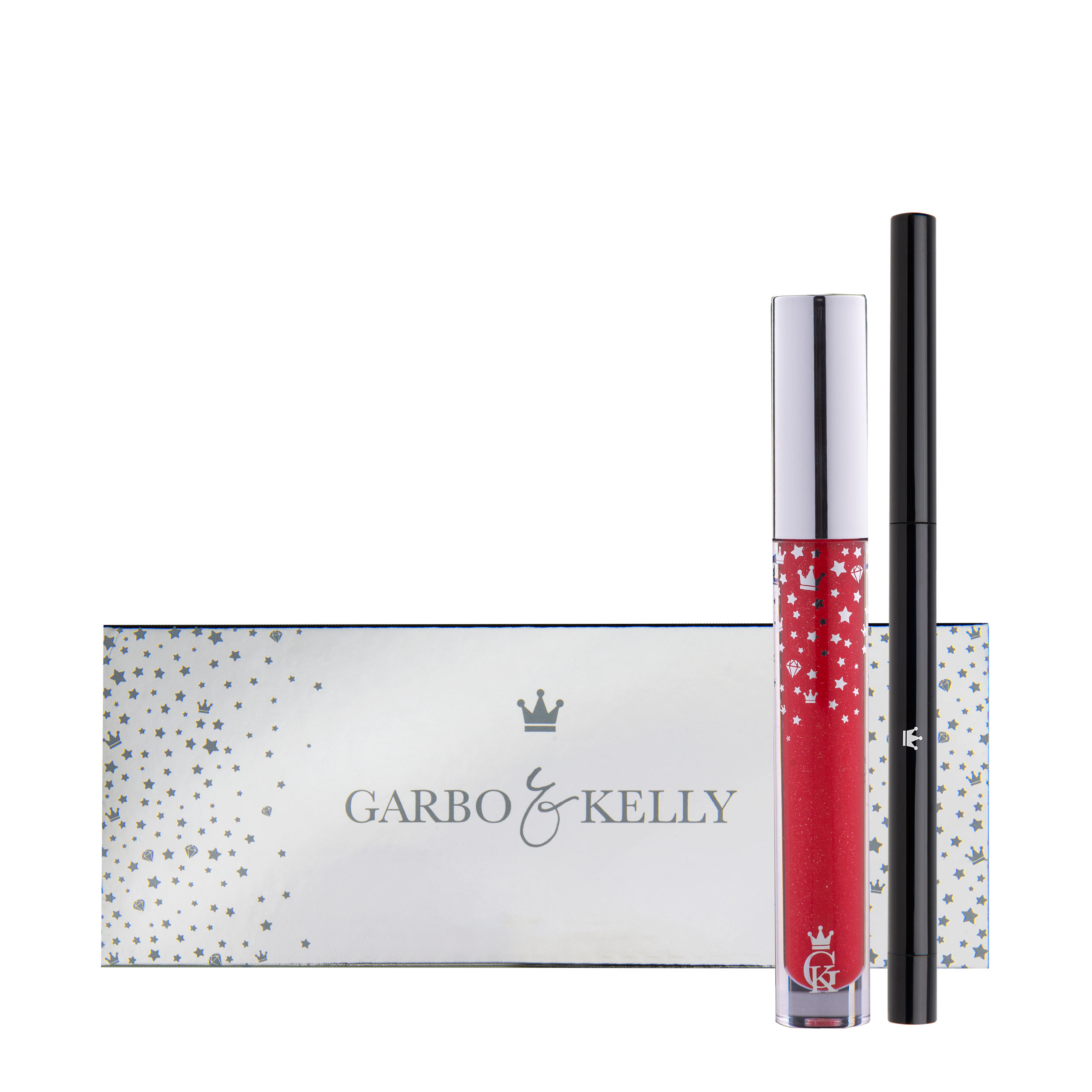 Garbo and Kelly Royalty Gloss Kit Inc Lip Definer set featuring glossy lips and matching lip liner in a sleek lip kit package.