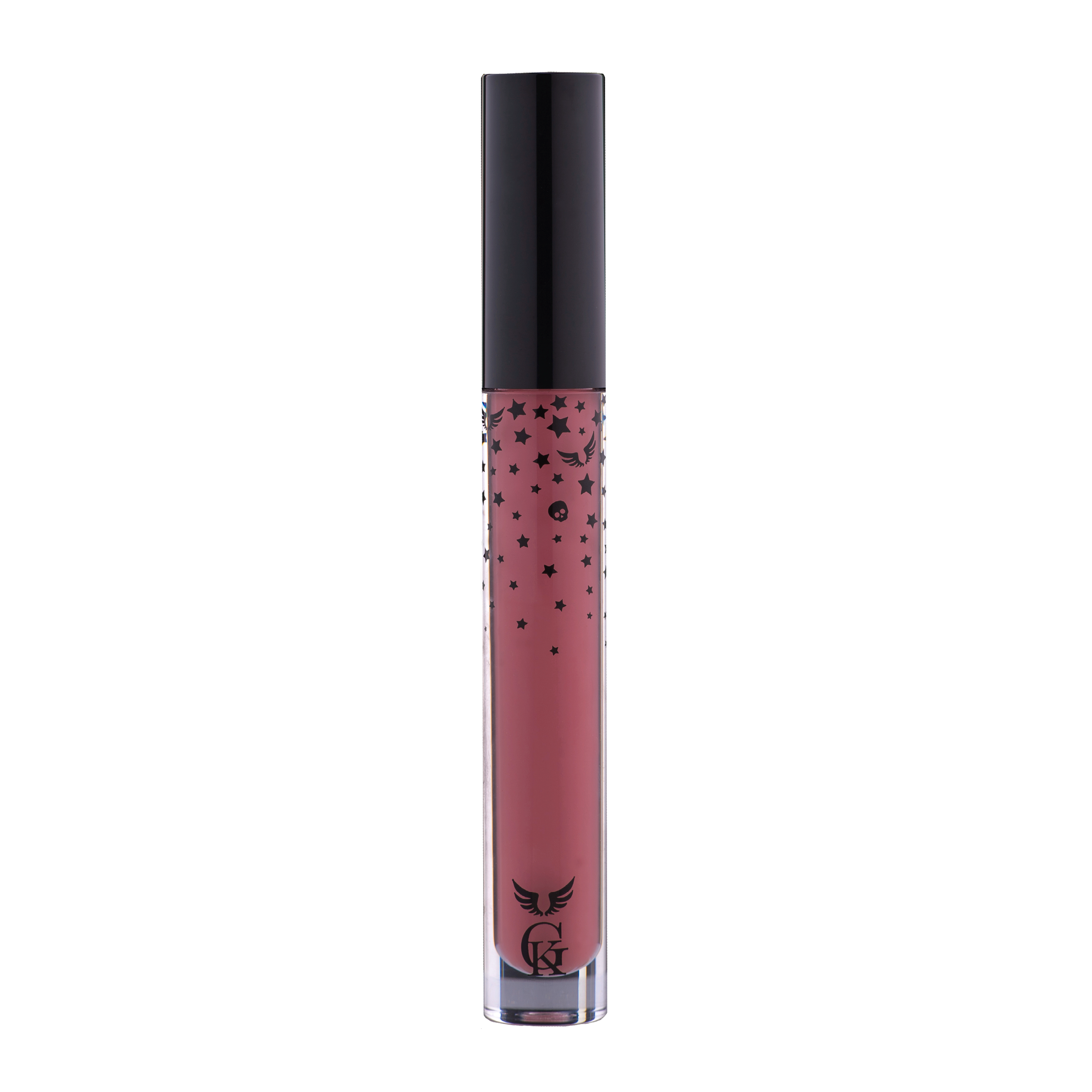 Garbo and Kelly Rock Liquid Matte Lipstick tube with swatched bold, matte lip color on hand.