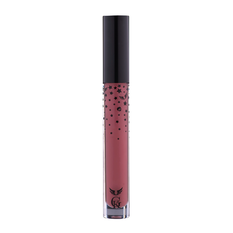 Garbo and Kelly Rock Liquid Matte Lipstick tube with swatched bold, matte lip color on hand.