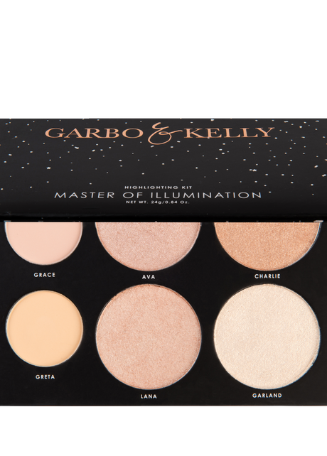 Garbo and Kelly Master of Illumination palette with multiple colorful eyeshadow shades in a sleek makeup palette.