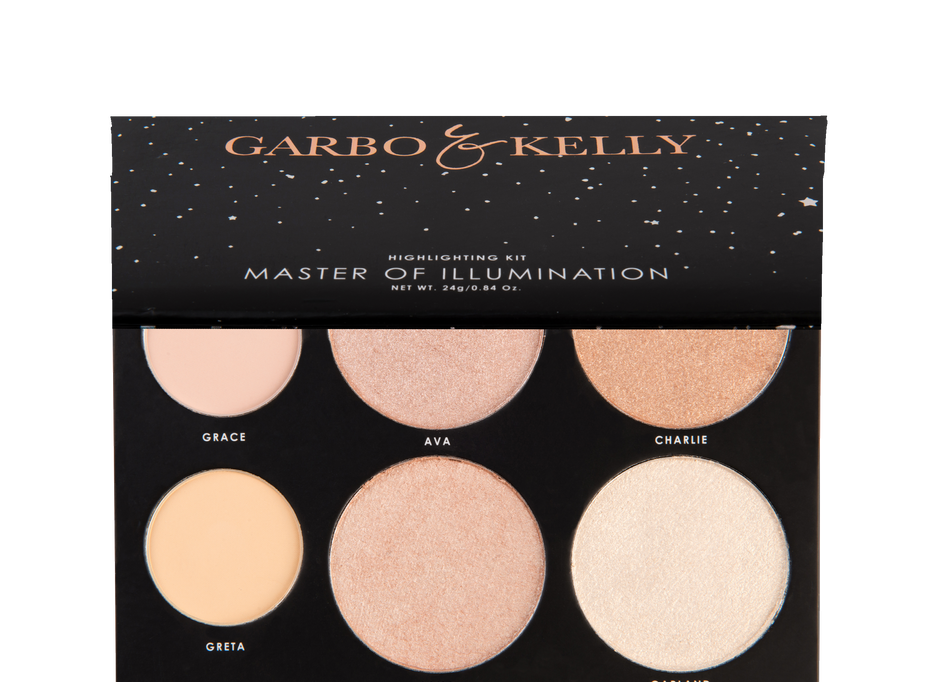Garbo and Kelly Master of Illumination palette with multiple colorful eyeshadow shades in a sleek makeup palette.