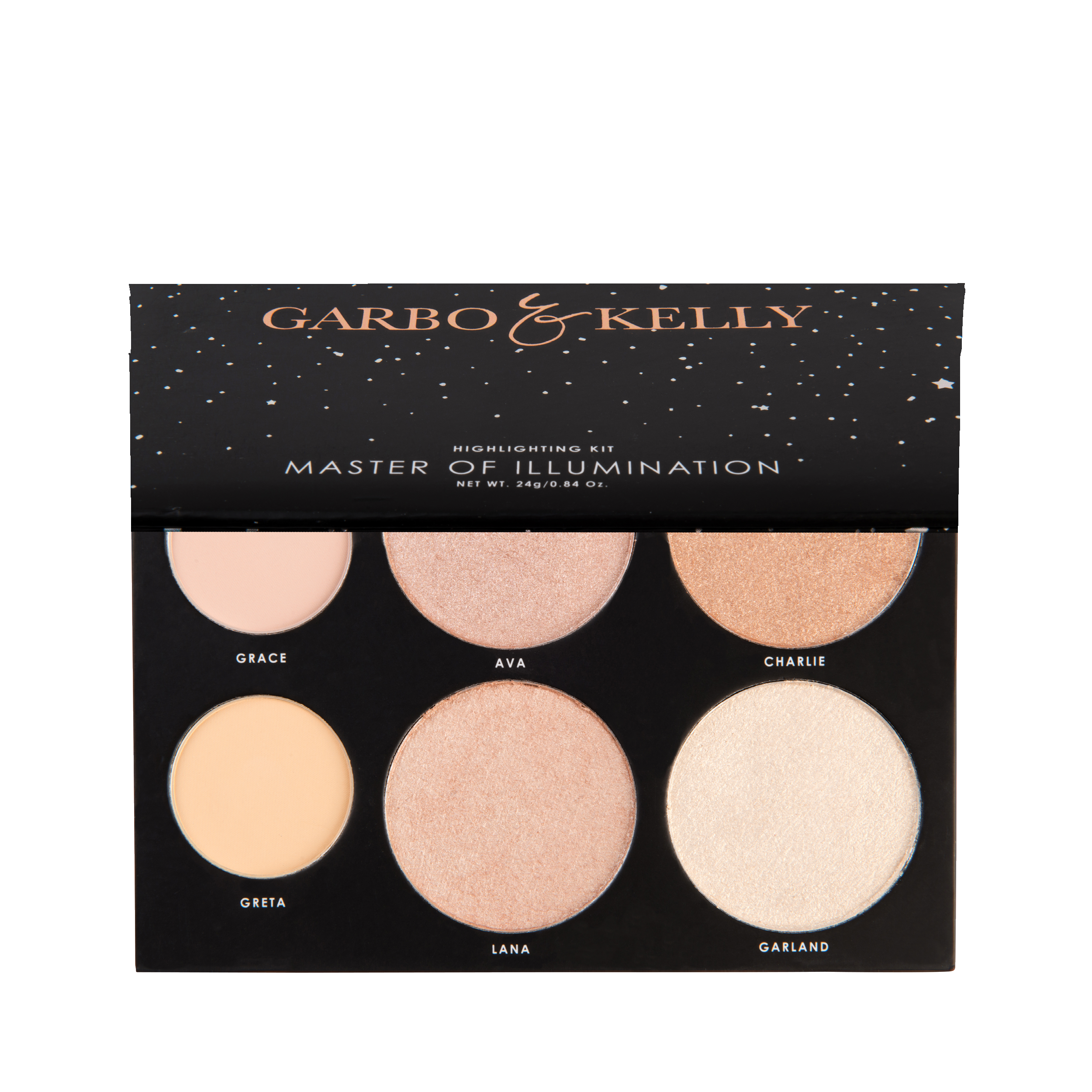 Garbo and Kelly Master of Illumination palette with multiple colorful eyeshadow shades in a sleek makeup palette.