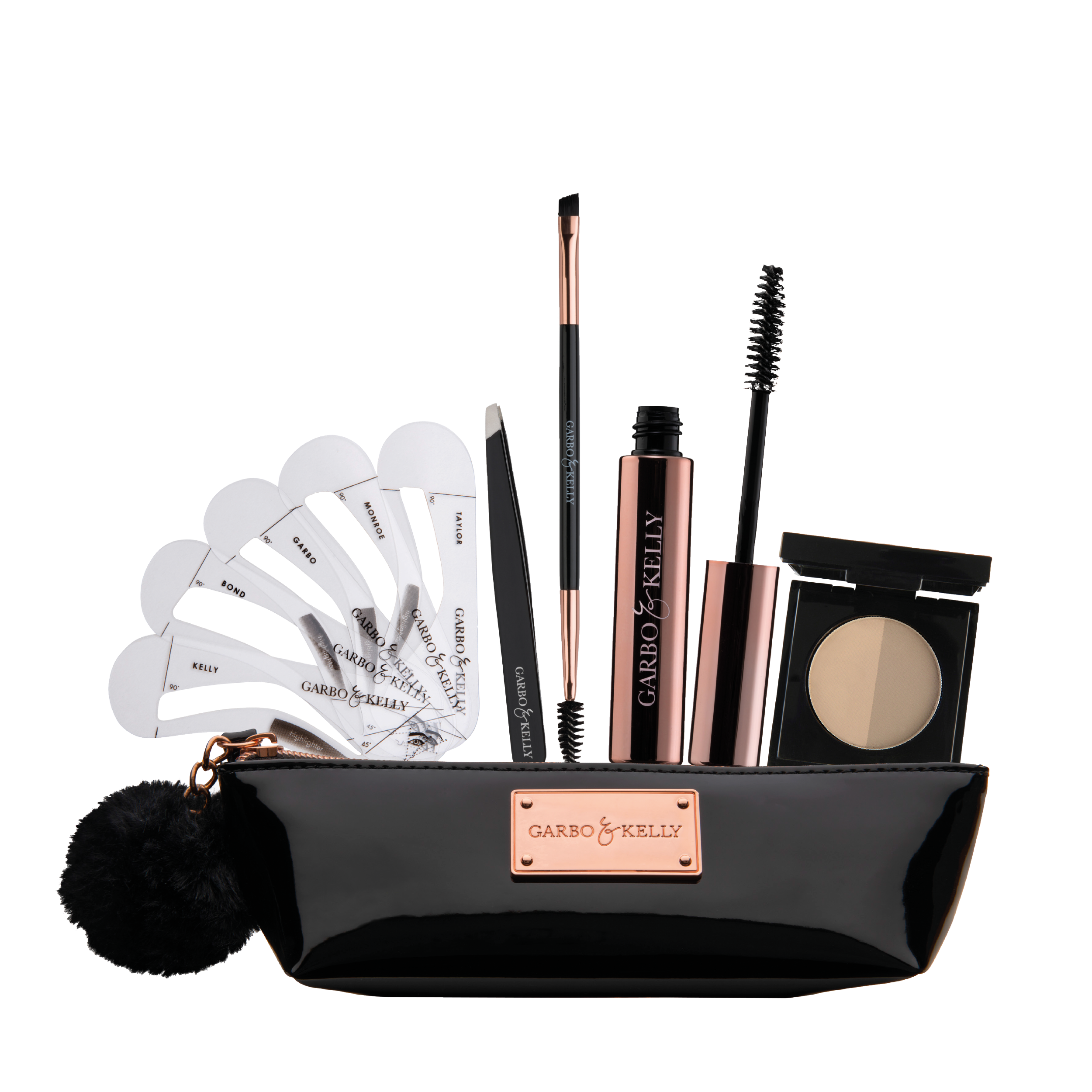 Garbo and Kelly Brow Couture Set brow kit with tweezers, powders, and brushes for shaping and defining eyebrows.