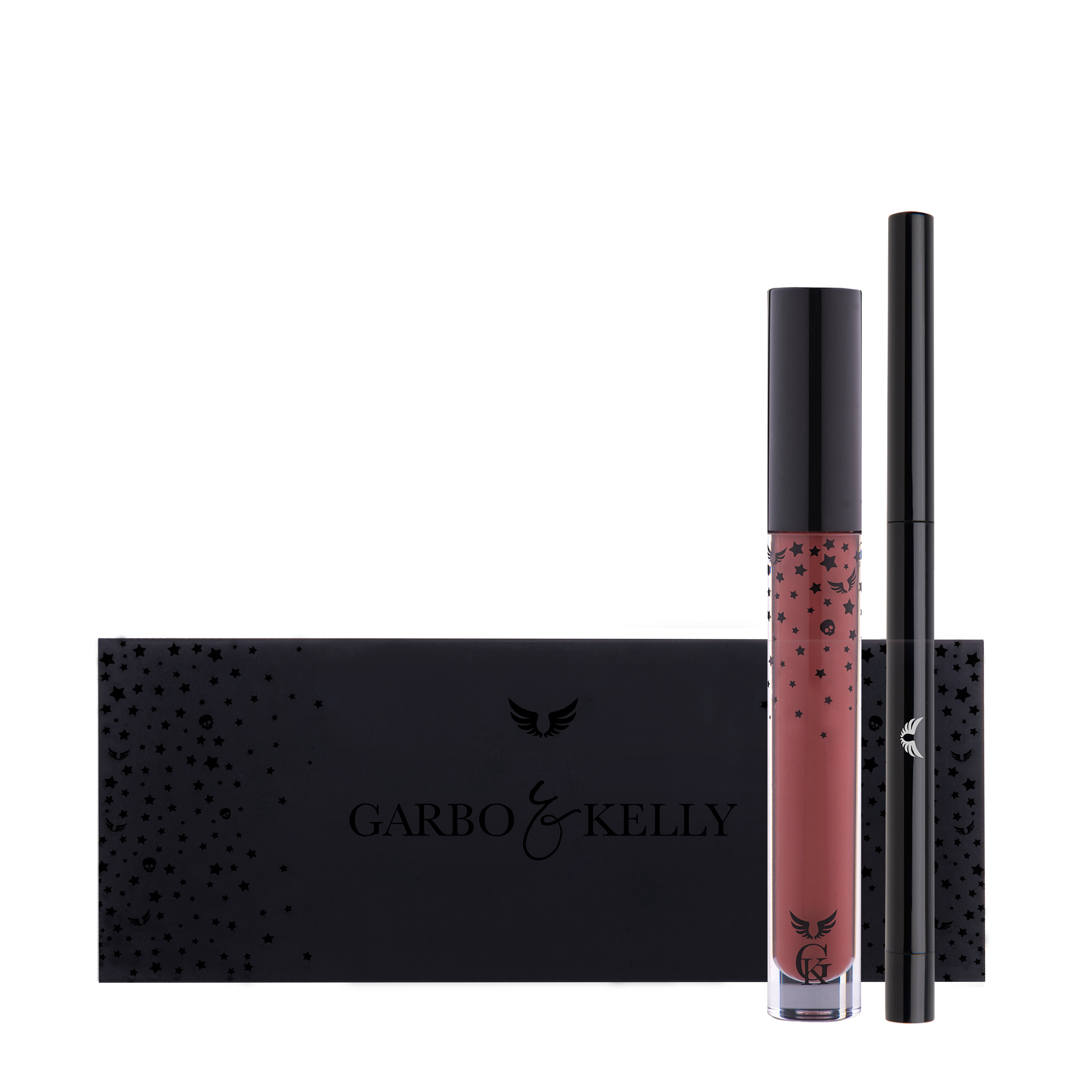 Garbo and Kelly Rock Matte Lip Kit with lip definer and matte lip color, displayed in sleek packaging.