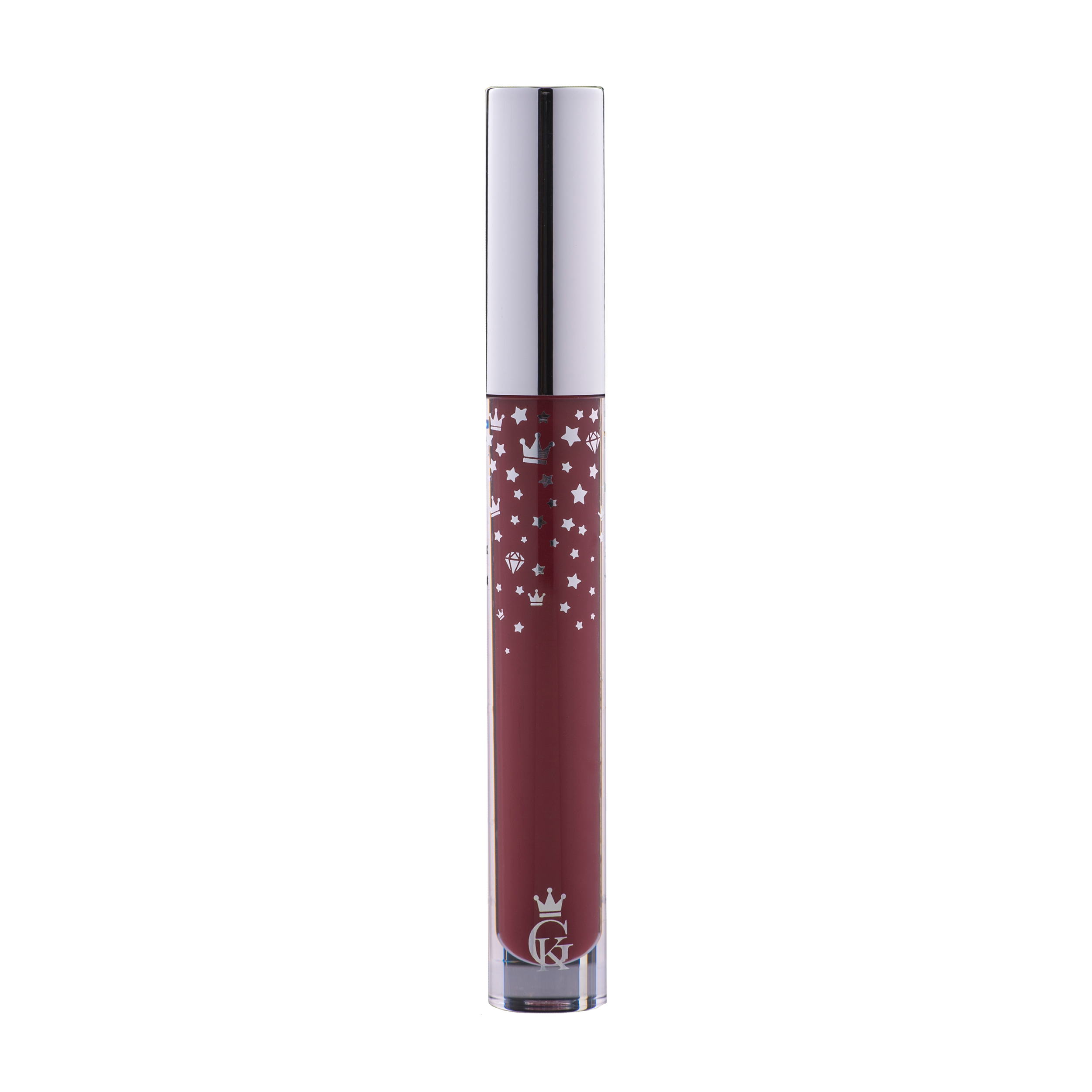 Garbo and Kelly Royalty Gloss liquid lipstick with glossy finish, featuring a sleek applicator and vibrant color in a clear tube.