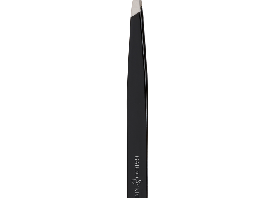Garbo and Kelly precision tweezers, stainless steel tools with angled tips for delicate hair removal or detailed tasks.