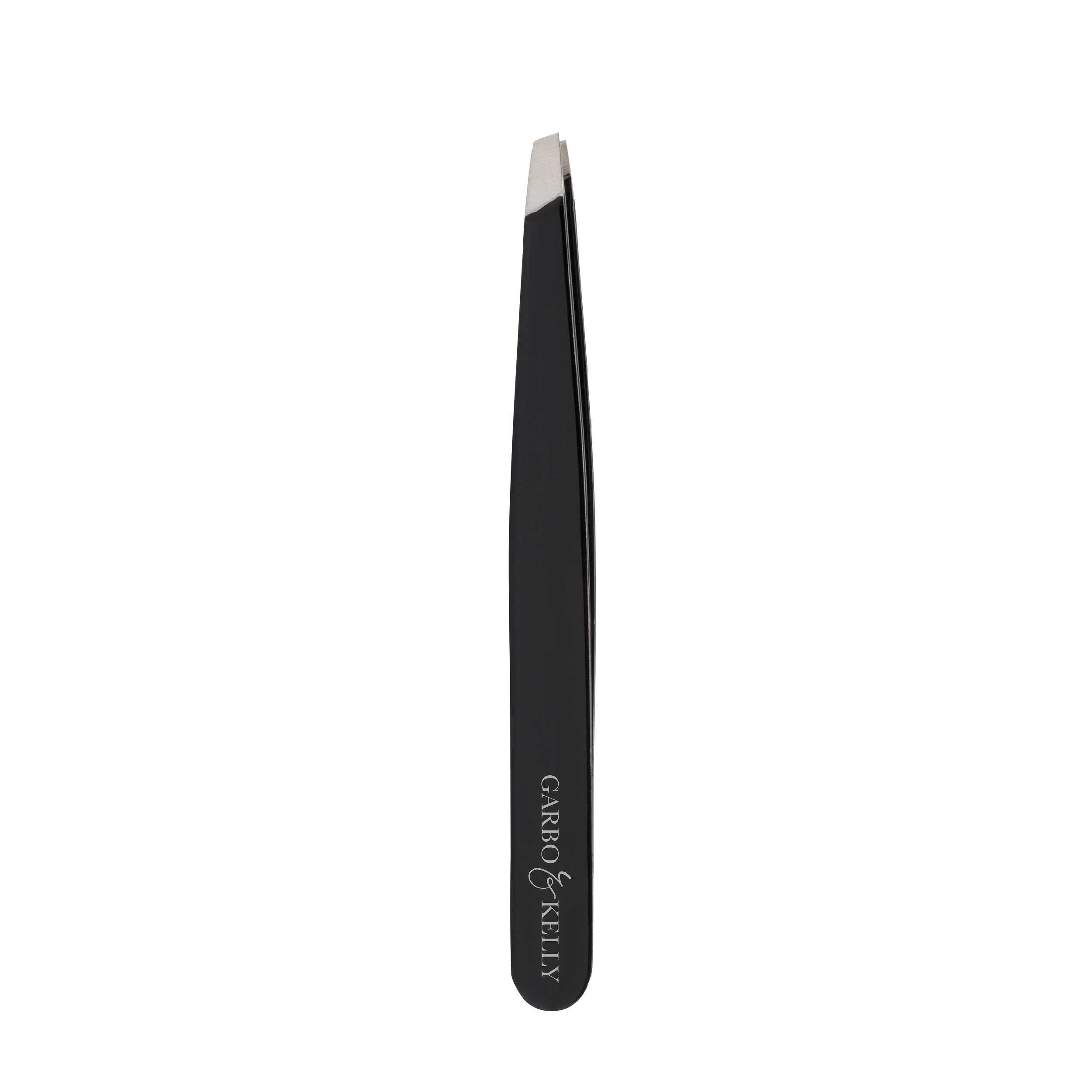 Garbo and Kelly precision tweezers, stainless steel tools with angled tips for delicate hair removal or detailed tasks.