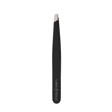 Garbo and Kelly precision tweezers, stainless steel tools with angled tips for delicate hair removal or detailed tasks.