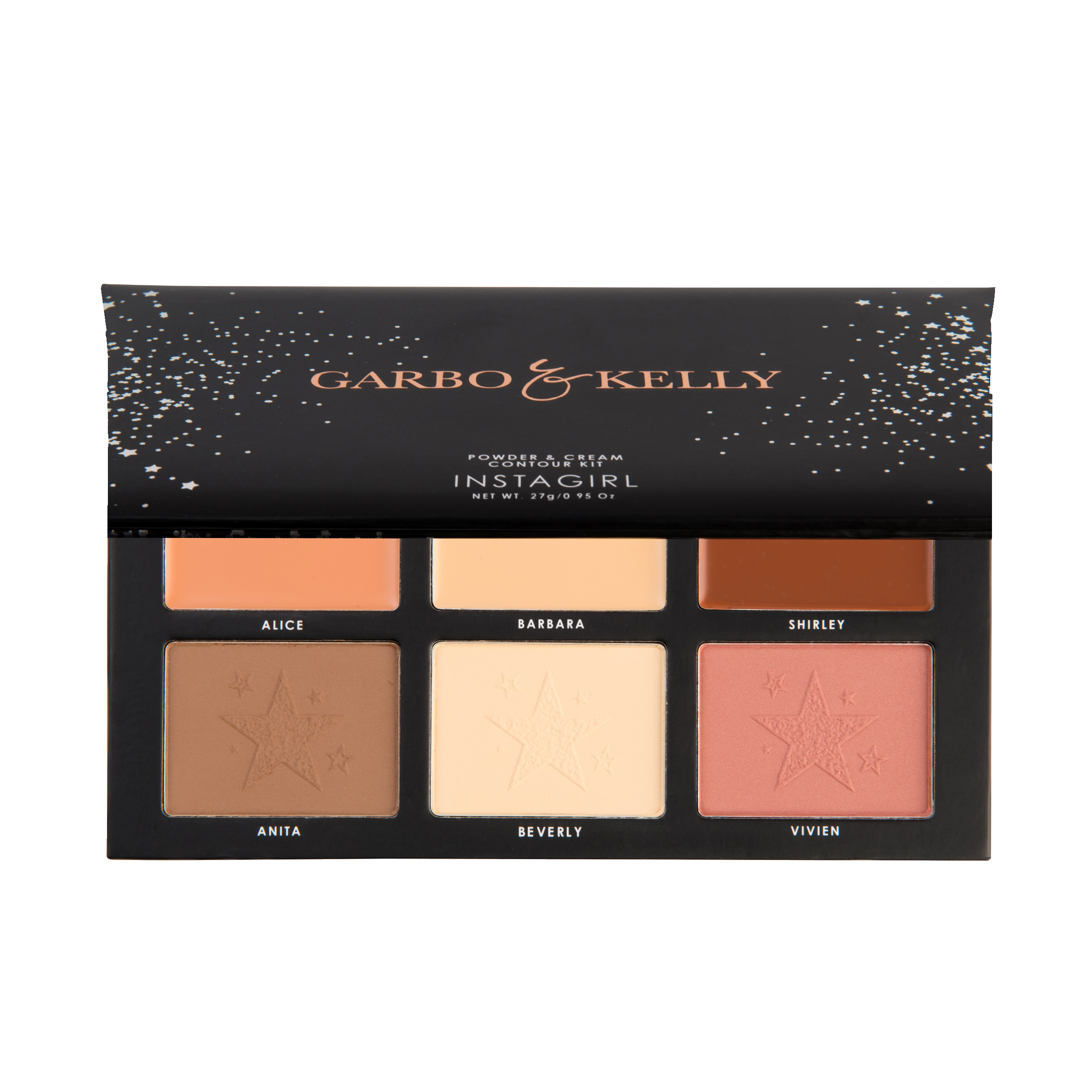 Garbo and Kelly Instagirl Contour Kit palette with multiple shades for contouring and highlighting, arranged in a sleek compact.