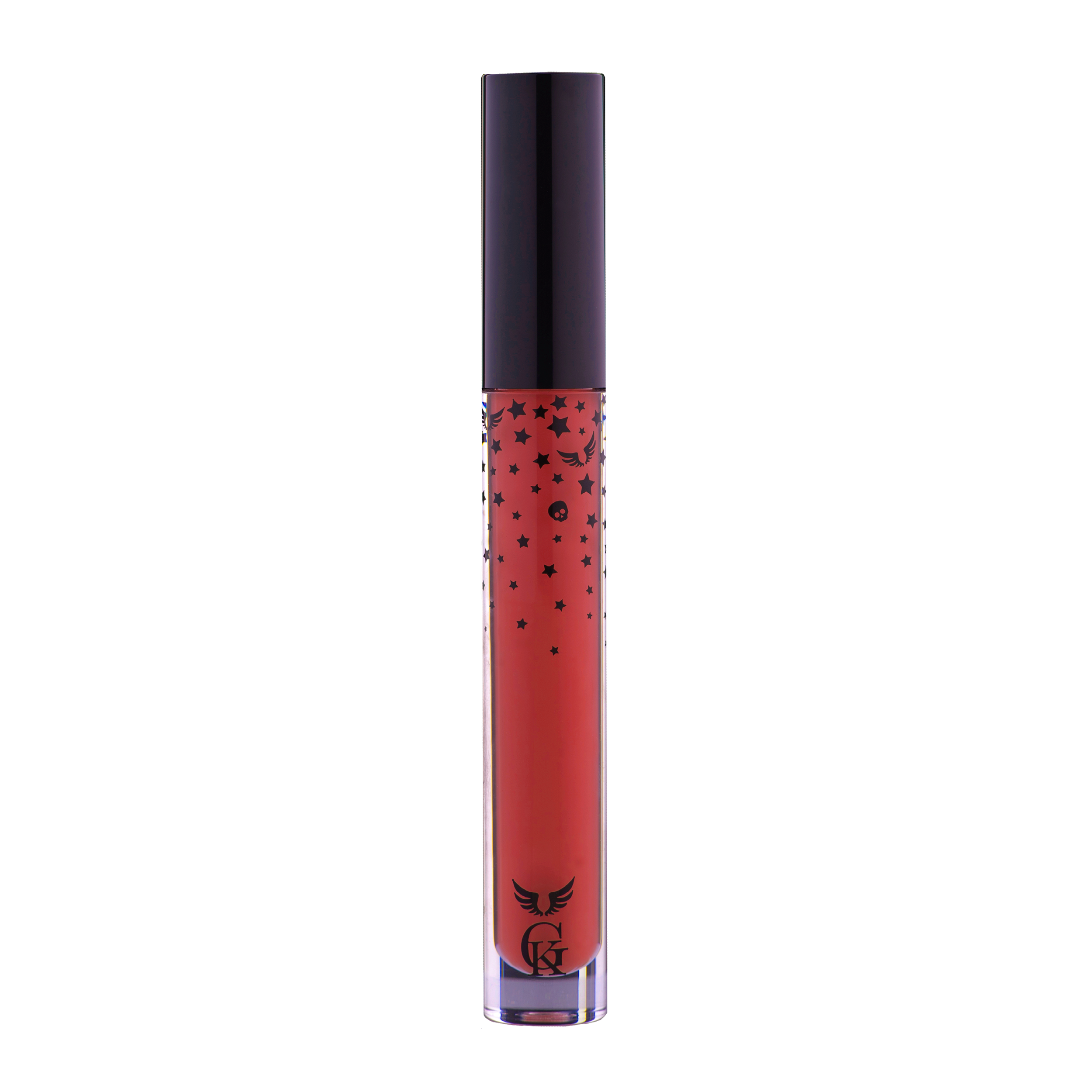 Garbo and Kelly Rock Liquid Matte Lipstick showing a sleek tube with deep red matte finish.