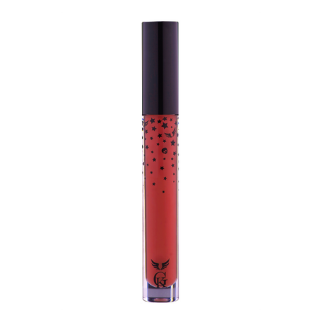 Garbo and Kelly Rock Liquid Matte Lipstick showing a sleek tube with deep red matte finish.