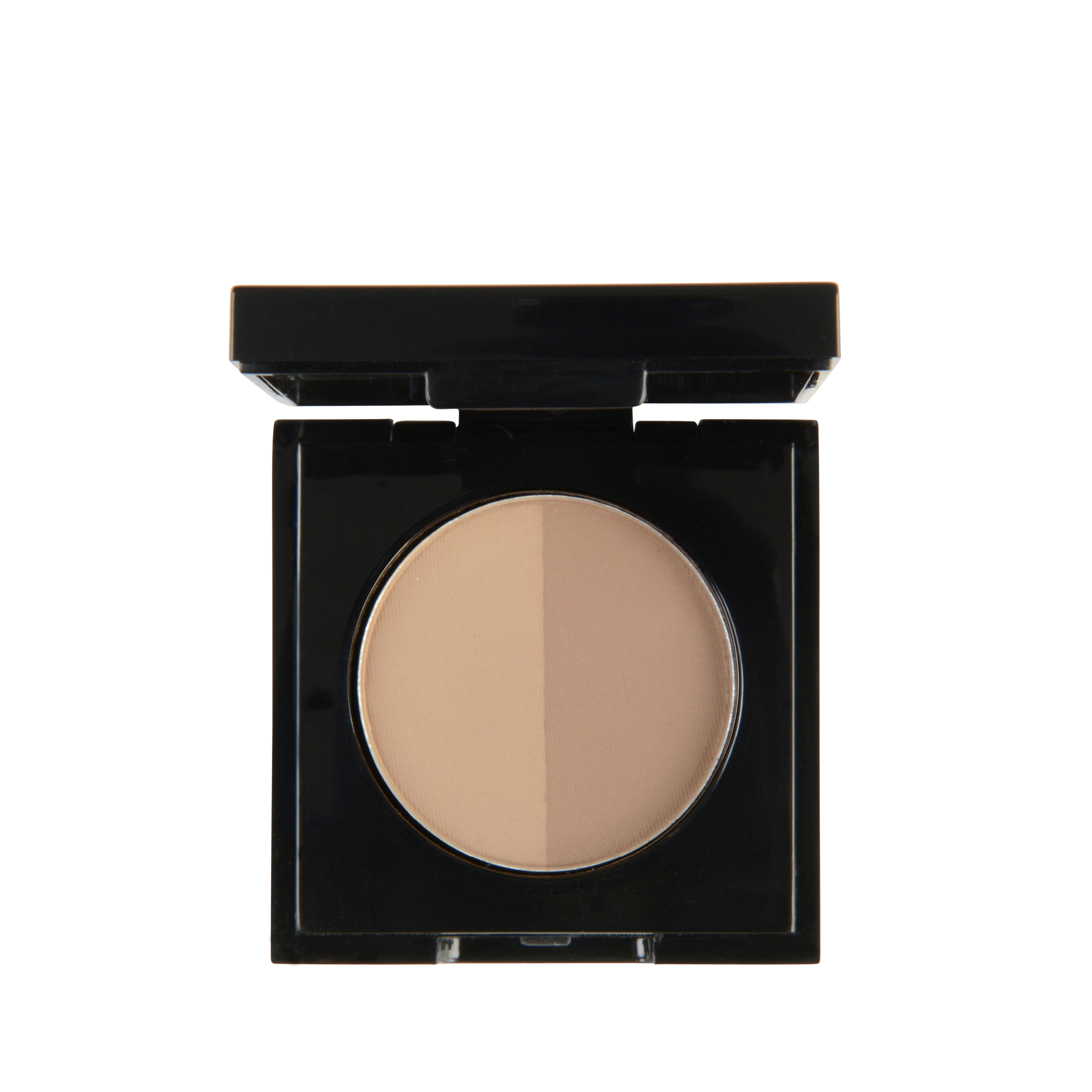 Garbo and Kelly brow powder in a compact with shades of brown and beige, used for filling and defining eyebrows.