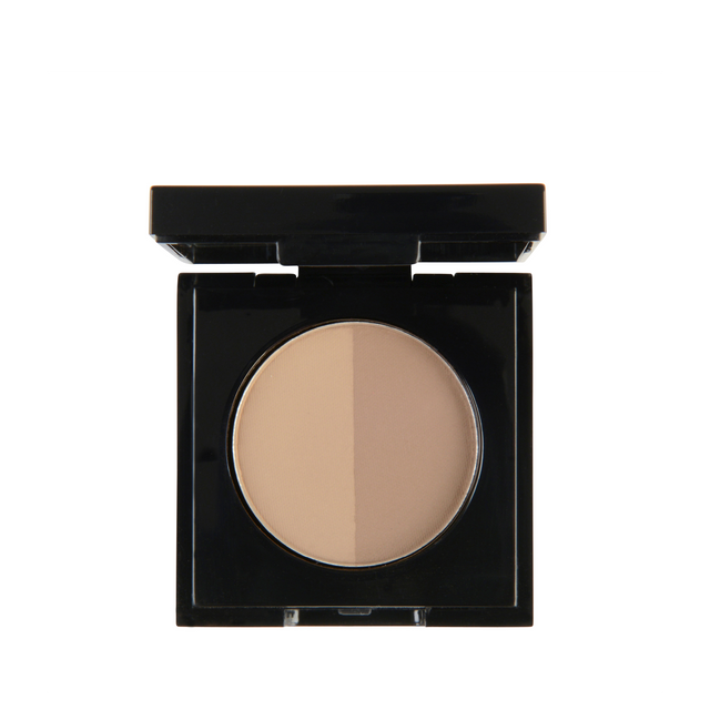 Garbo and Kelly brow powder in a compact with shades of brown and beige, used for filling and defining eyebrows.