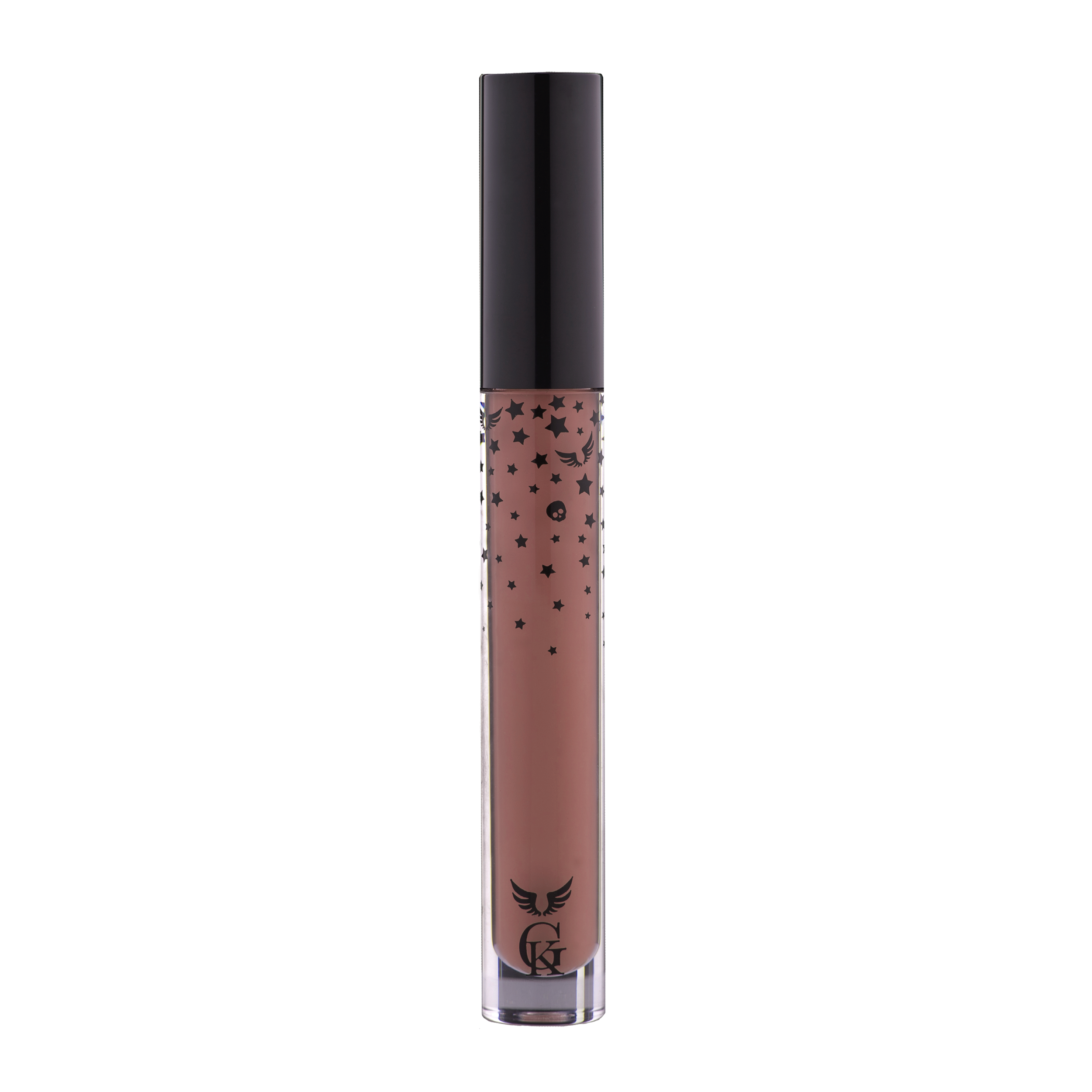 Garbo and Kelly Rock Liquid Matte Lipstick tube with deep nude shade, showing the sleek packaging and applicator.