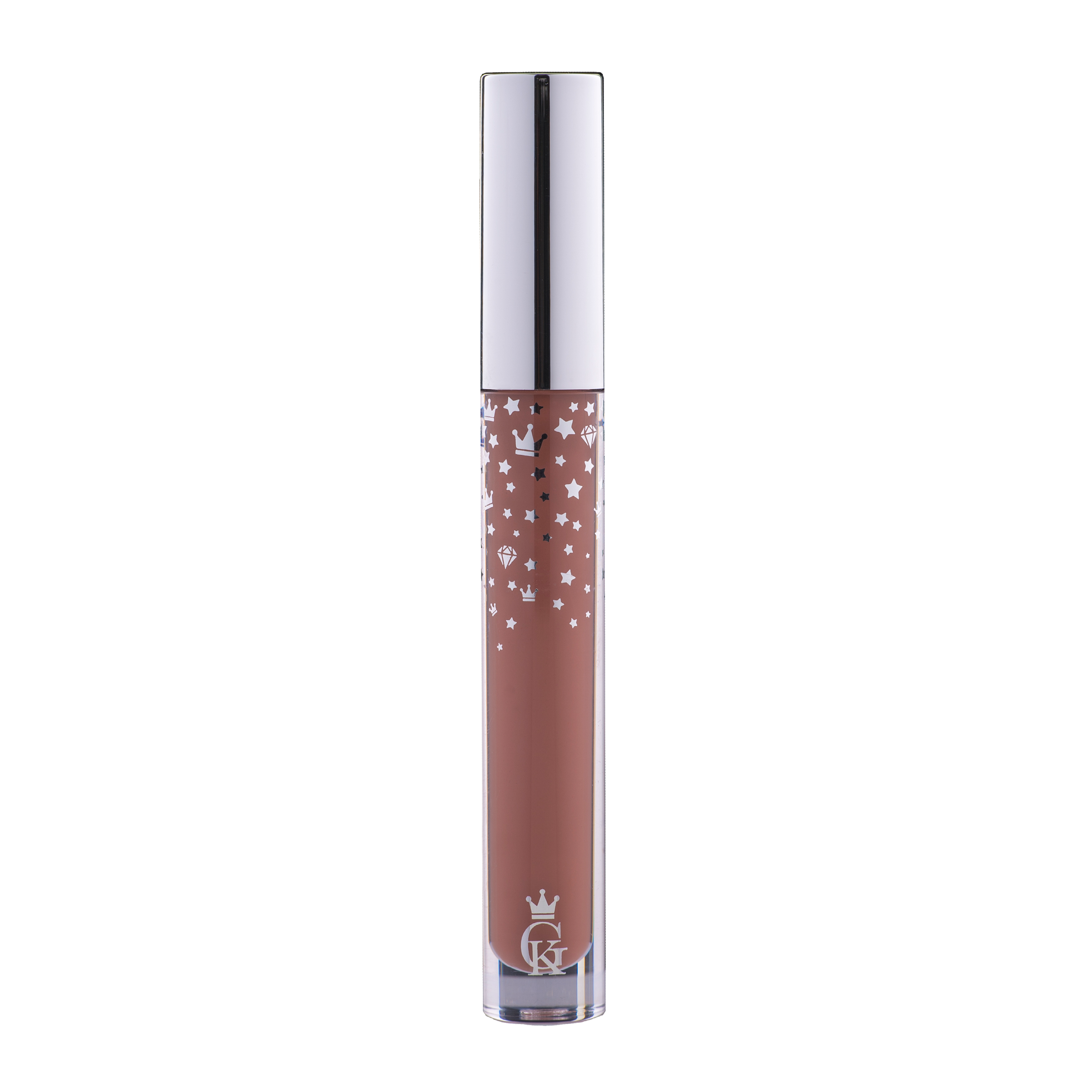 Garbo and Kelly Royalty Gloss Liquid Lipstick showing a shiny, smooth lip gloss in a clear tube with a black applicator wand.