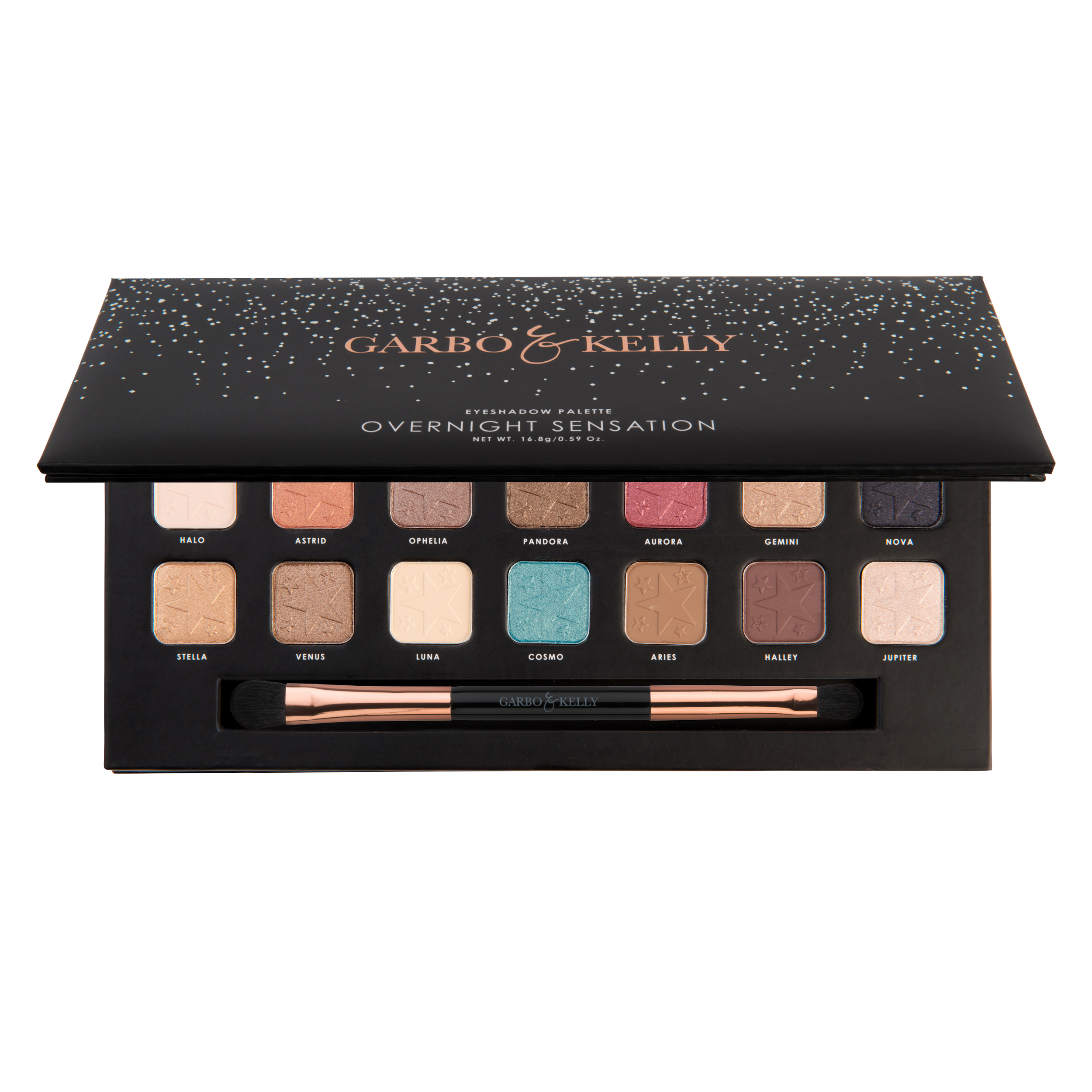 Garbo and Kelly Overnight Sensation Eyeshadow Palette with multiple colorful shades in sleek packaging