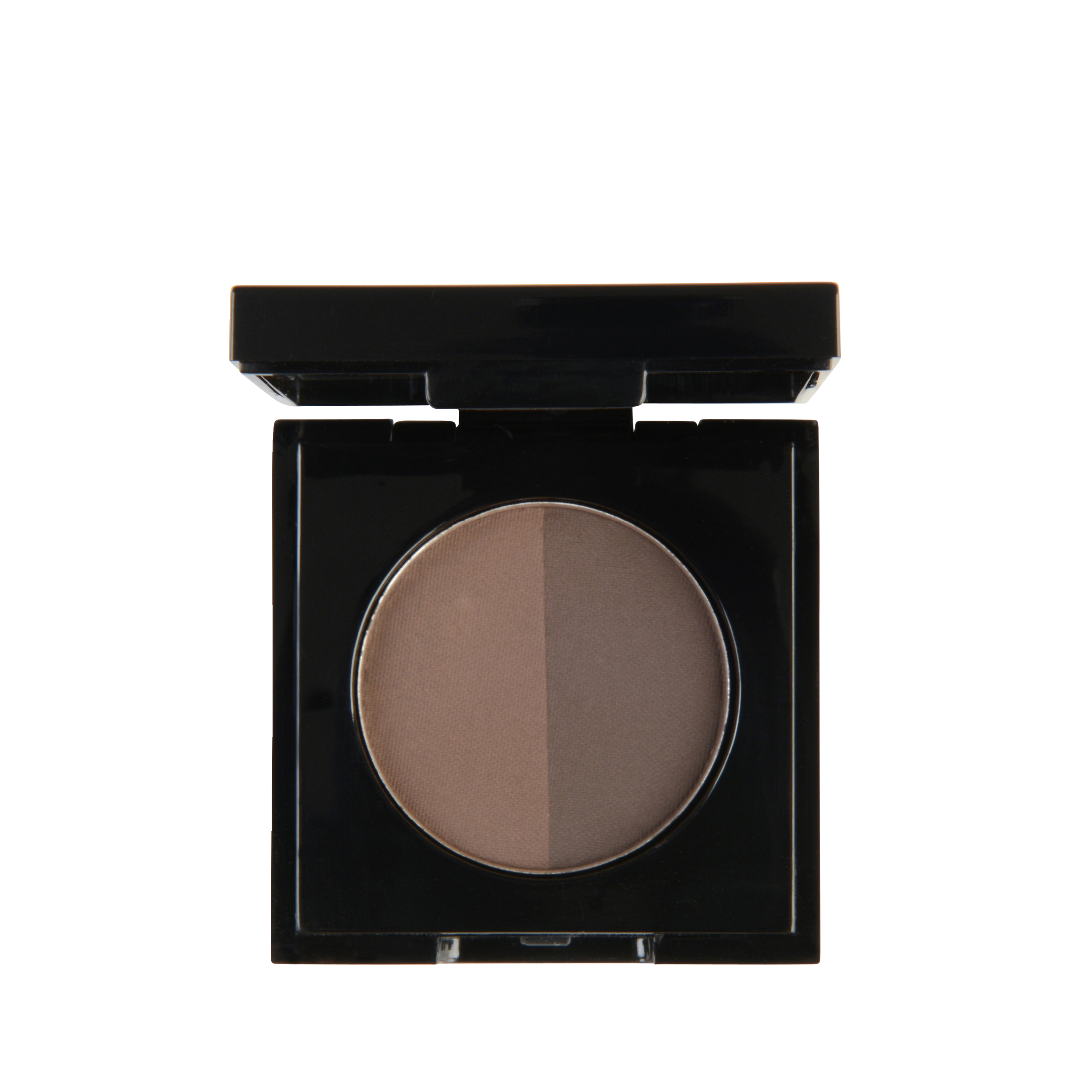 Close-up of Garbo and Kelly brow powder in a compact, showing the finely milled powder and shades for natural eyebrow enhancement.