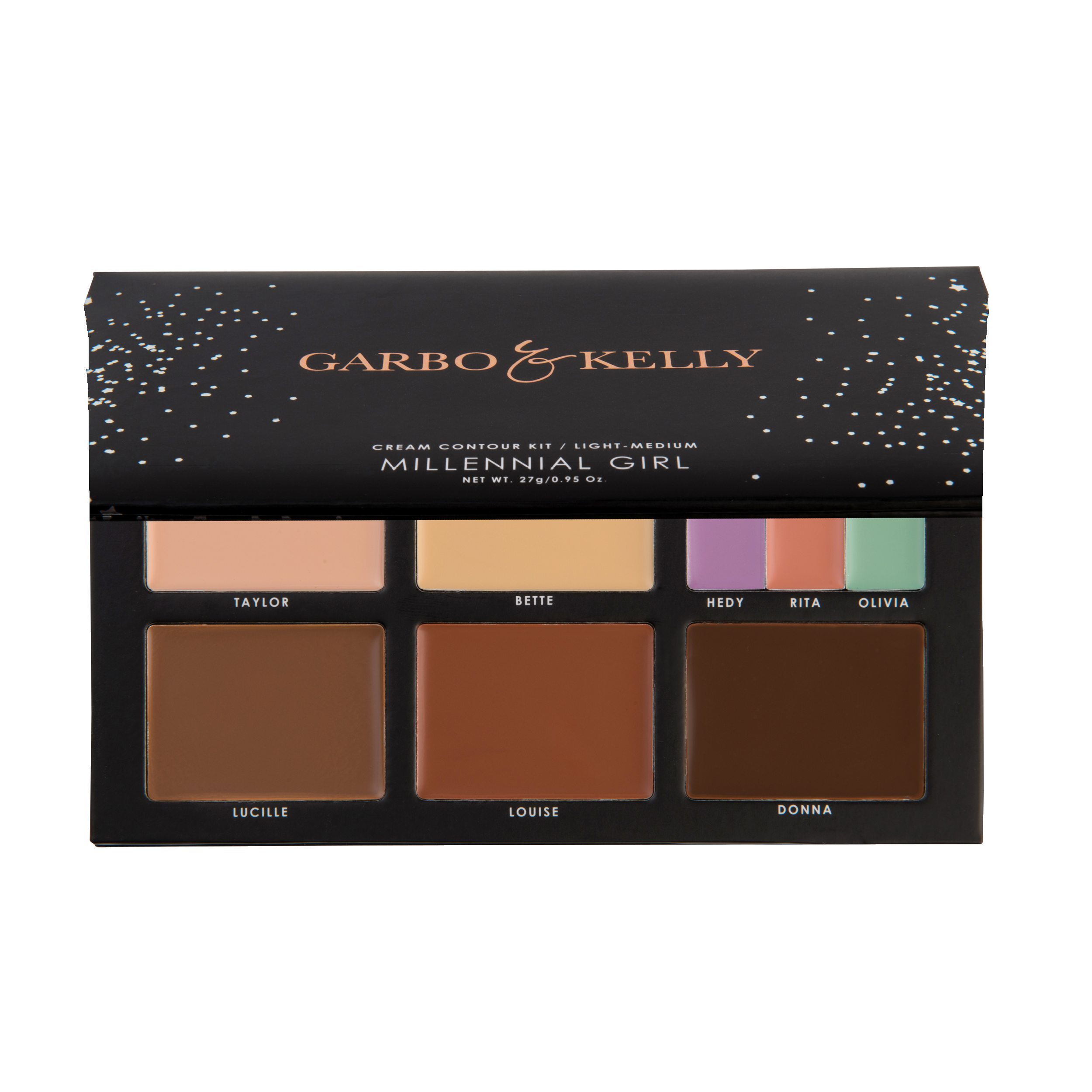 Garbo and Kelly Millennial Girl Contour Kit in Light-Medium palette, featuring contour, highlight, and blush shades in a compact palette